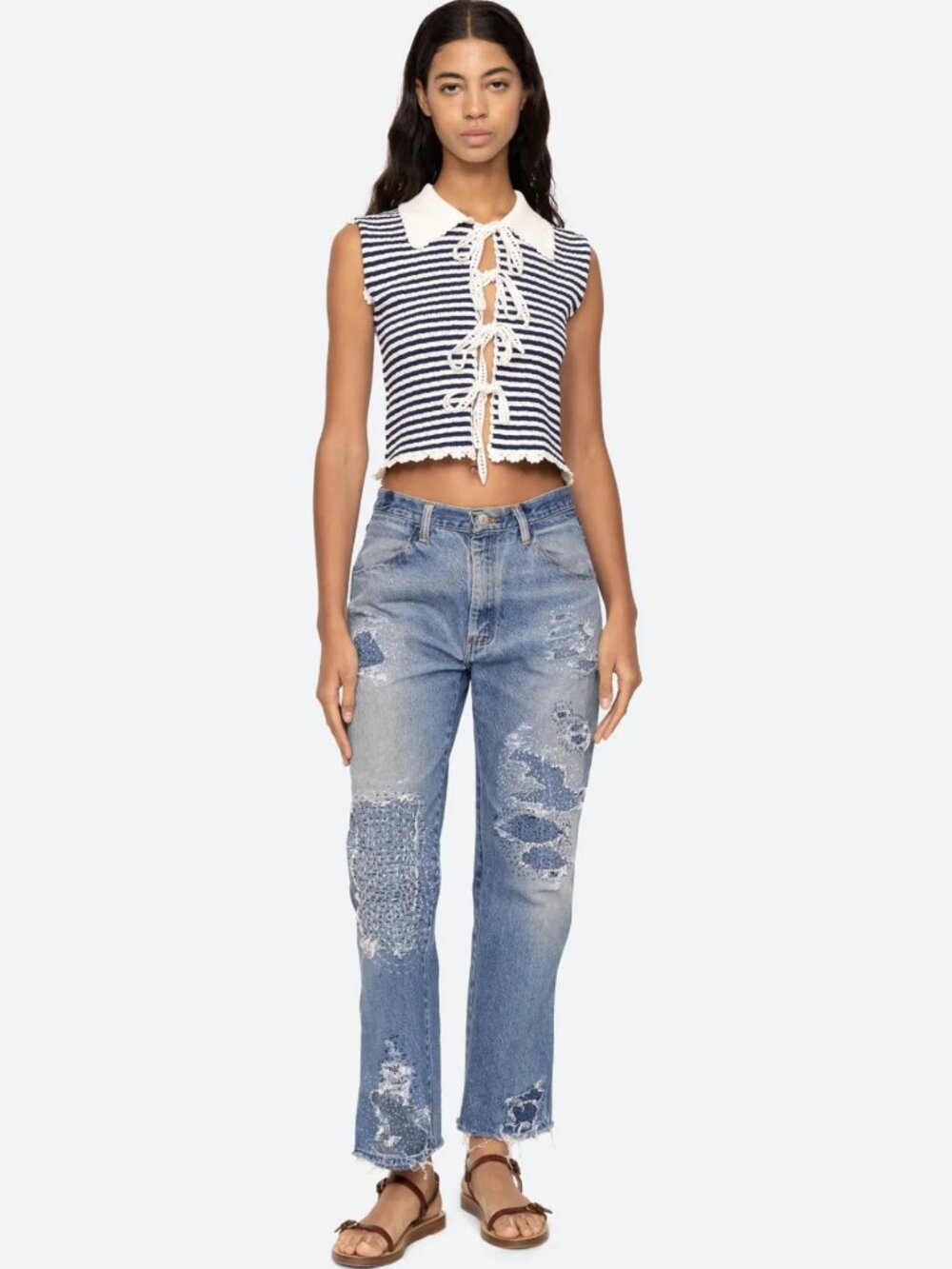 Sea New York Oli Jeans Womens 8 Blue Embroidered Distressed Denim Patchwork